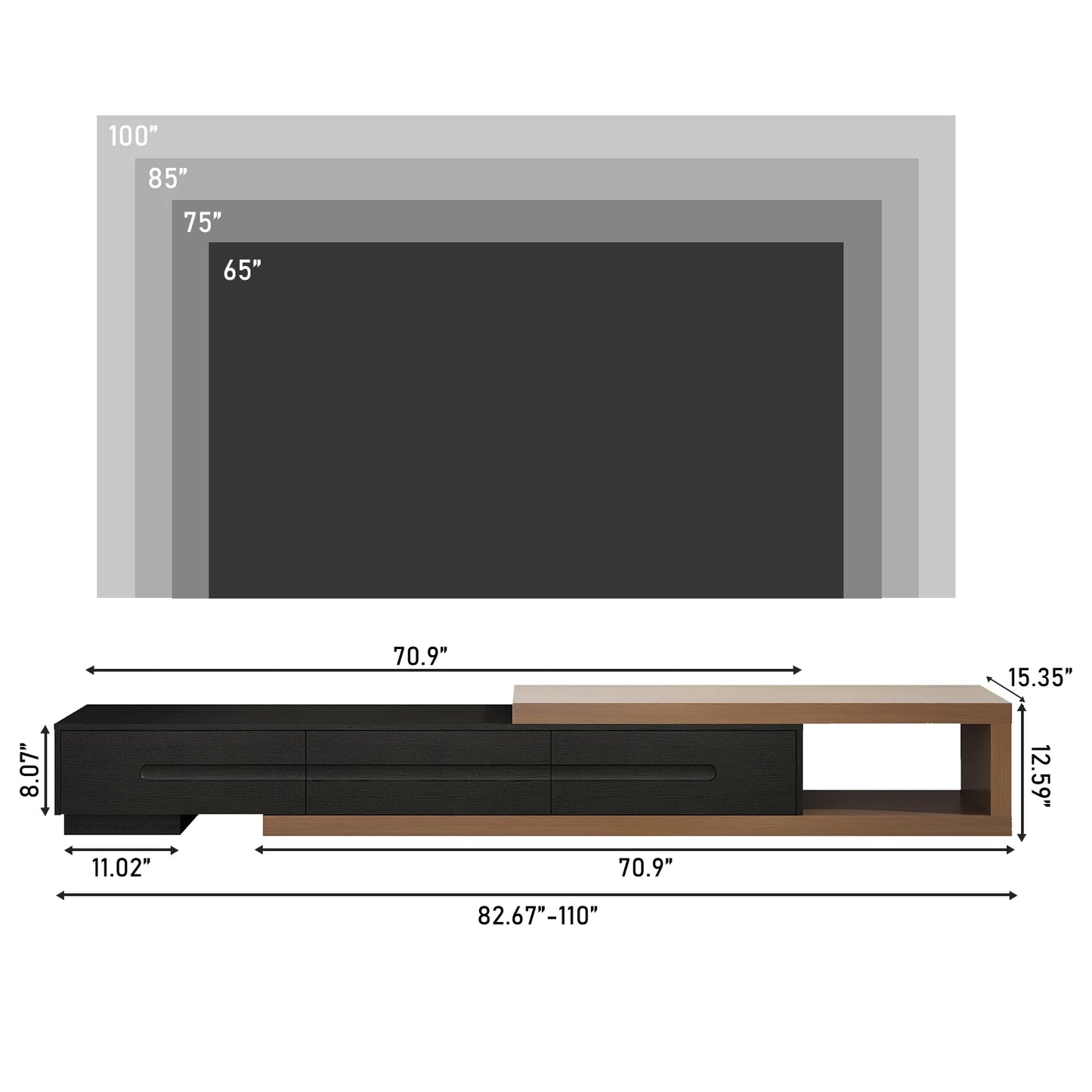 QiaoShiRen Extendable TV Stand Wood Media Console Drawers
