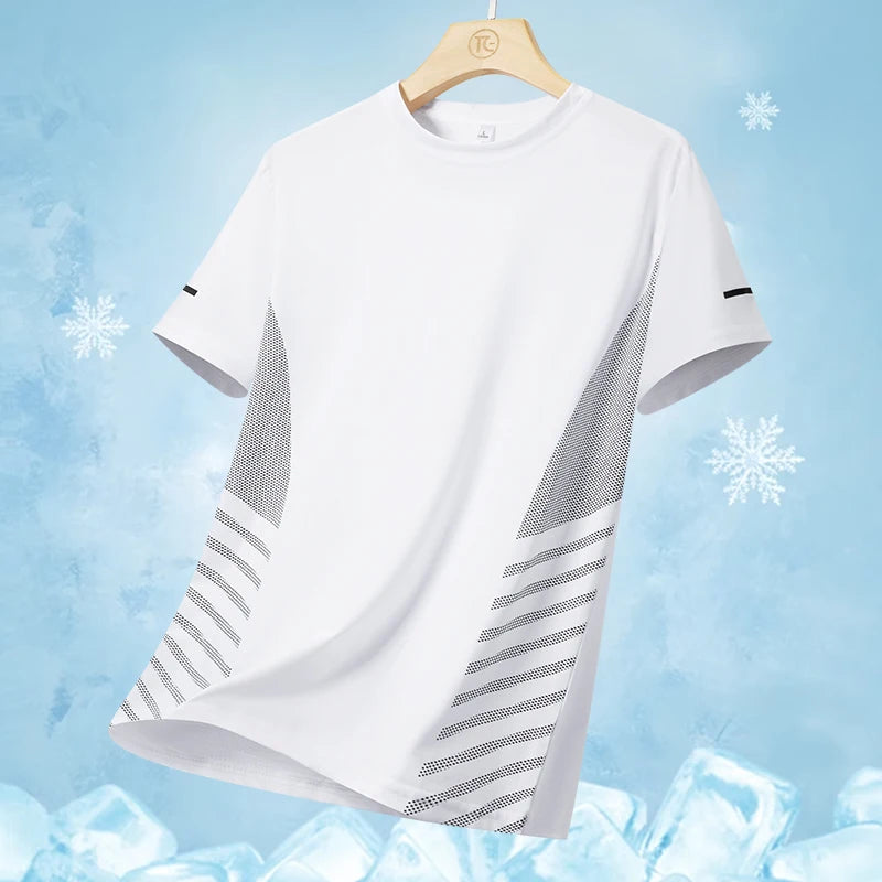 Running T-Shirt Men Summer Ice Silk Thin Top Reflective Printing Quick Dry Short Sleeve Breathable Fitness Sports T-Shirt 5XL