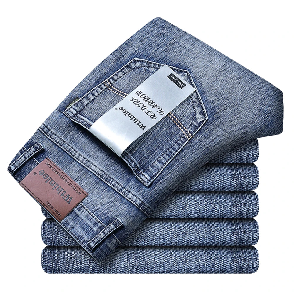 Wthinlee Spring Summer Business Jeans for Men Light Blue Casual Straight Stretch Fashion Classic Work Denim Trousers