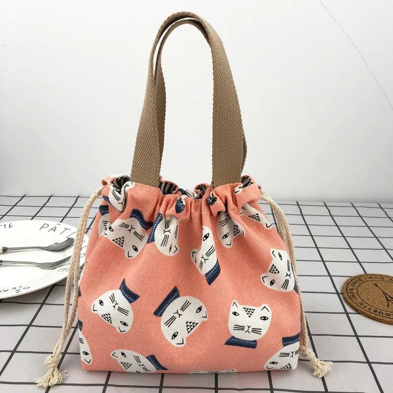 Japanese Cute Bento Bag Tote Canvas Lunch Bag Cartoon Anime Drawstring Bag Foldable for Two Lunch Boxes