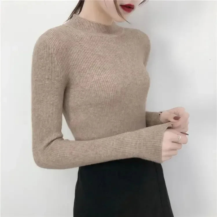 Gray Knitted Sweater For Women Basic Pullovers Slim Fit Stand Collar Long Sleeve Spring Autumn Female Casual Stripes Red Tops