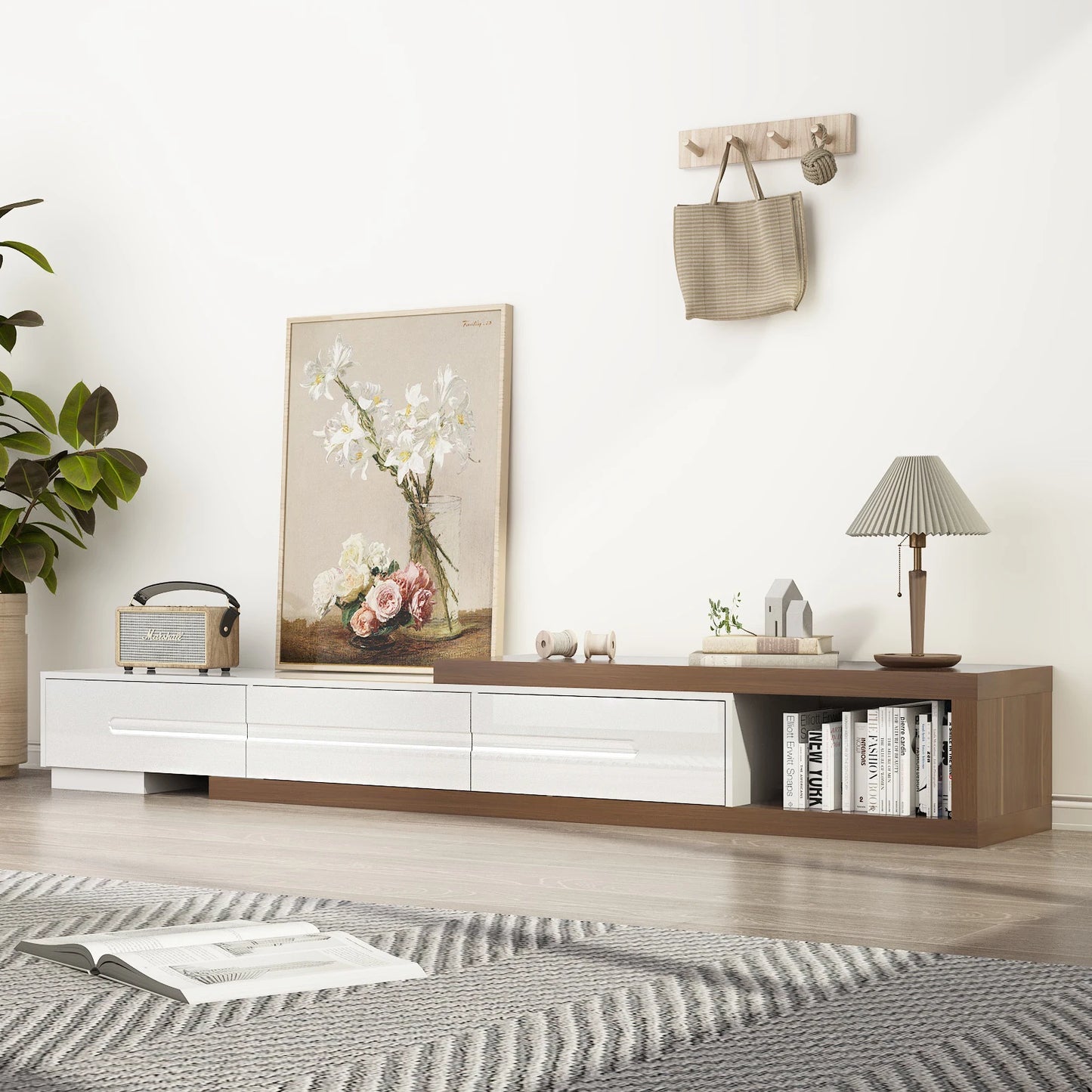 QiaoShiRen Extendable TV Stand Wood Media Console Drawers