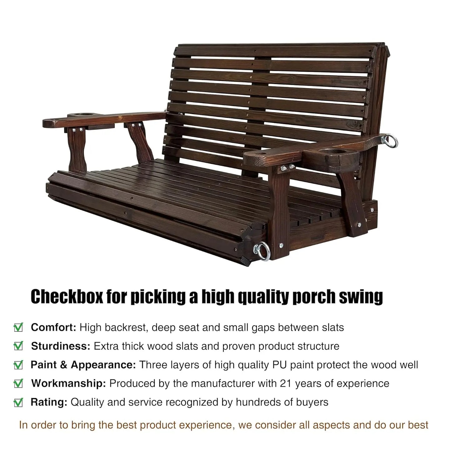 Wooden Porch Swing 2-Seater, High Backrest and Deep Seat, Bench Swing with Cupholders, Hanging Chains and 7mm, Customized