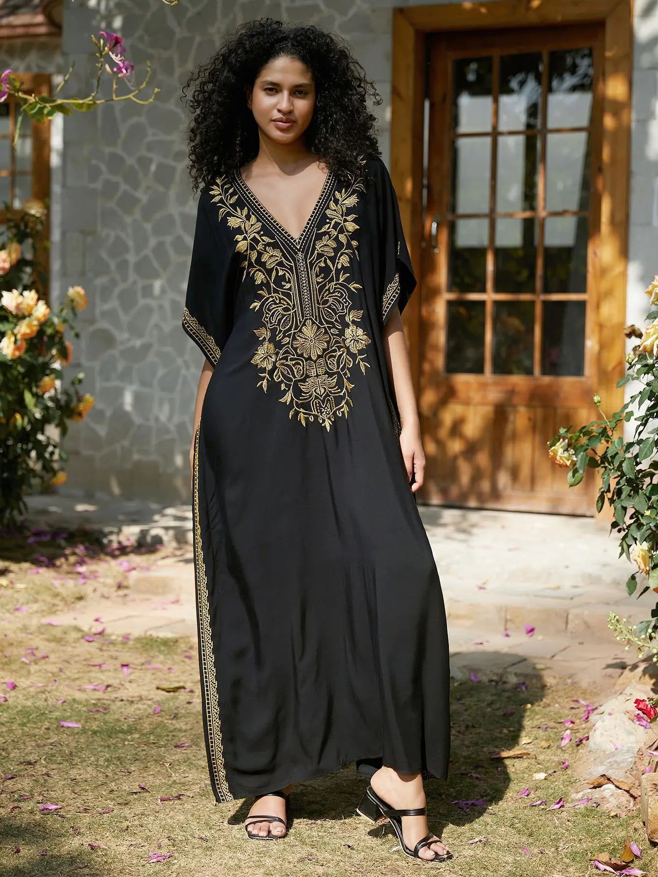 Gold Embroidery Beach Dress with Side Split Design and Oversized Fit