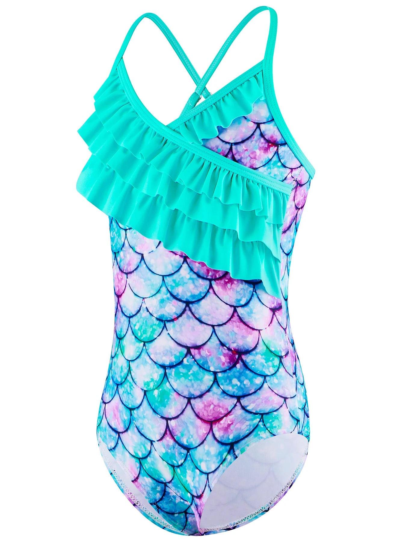 Bikini Cut One Piece Swimsuit for Girls 3D Scale Mermaid Princess Tiered Flounces Panel Summer Cross Strap Backless Swimwear