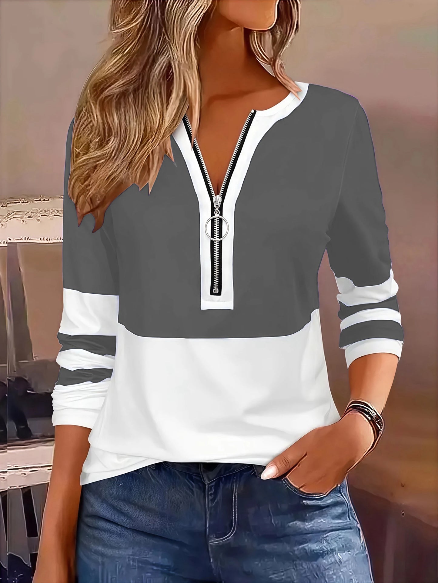Plus Size Long Sleeve T-Shirt with Geometric Stripes & Color Block Ring Zipper Detail - Fall Fashion