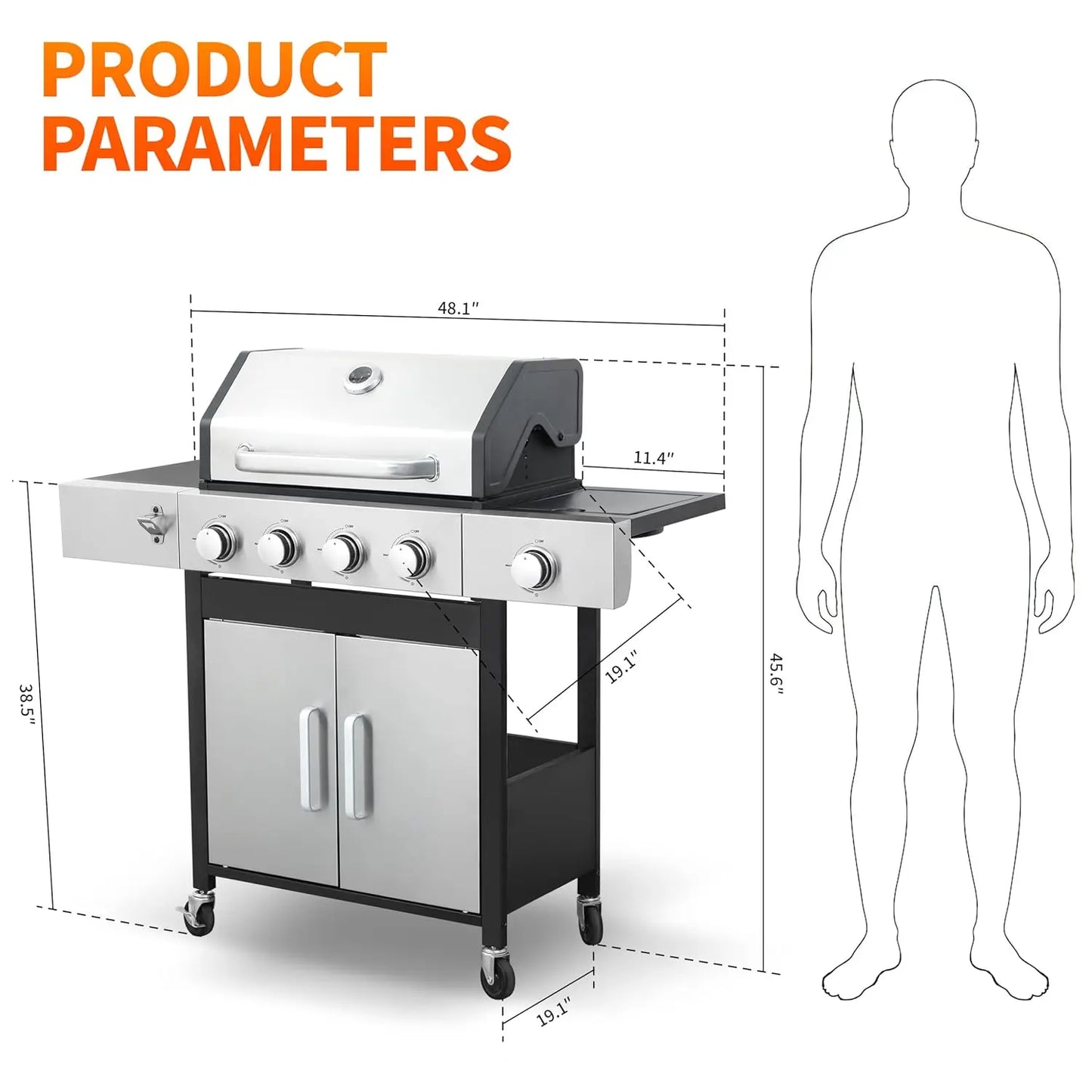 4-Burner Gas Grill, 46,790 BTU Outdoor BBQ Grill with Infrared Side Burner, Porcelain Cast Iron Grates & Stainless, Customized