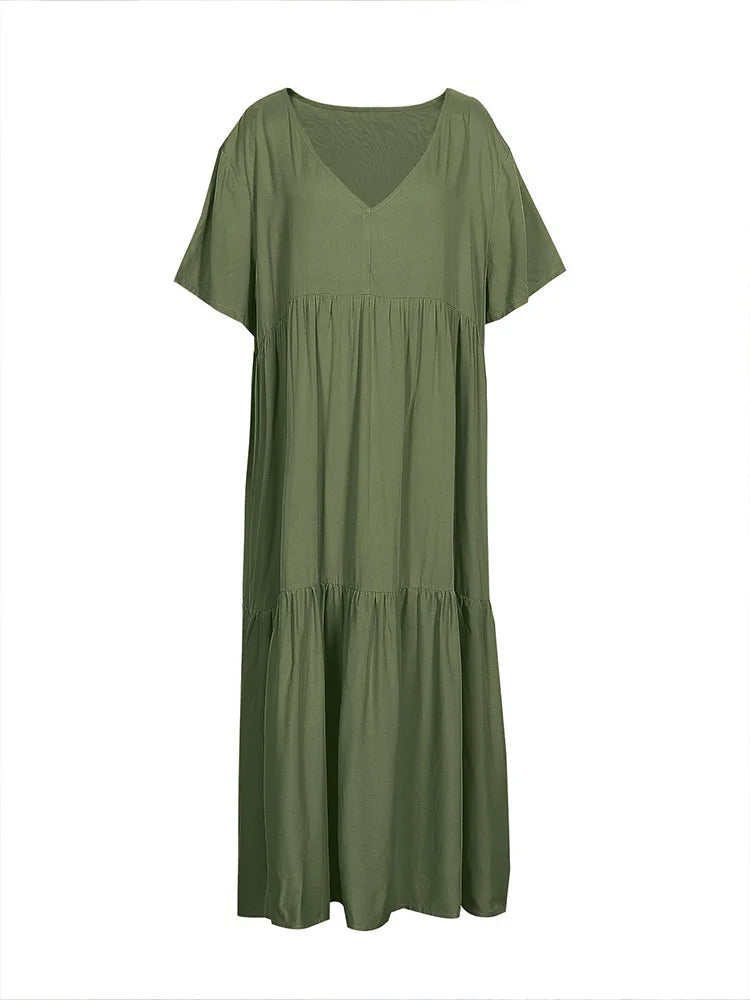 Plus Size Women's Casual Loose Ankle Length Dress V Neck Polyester