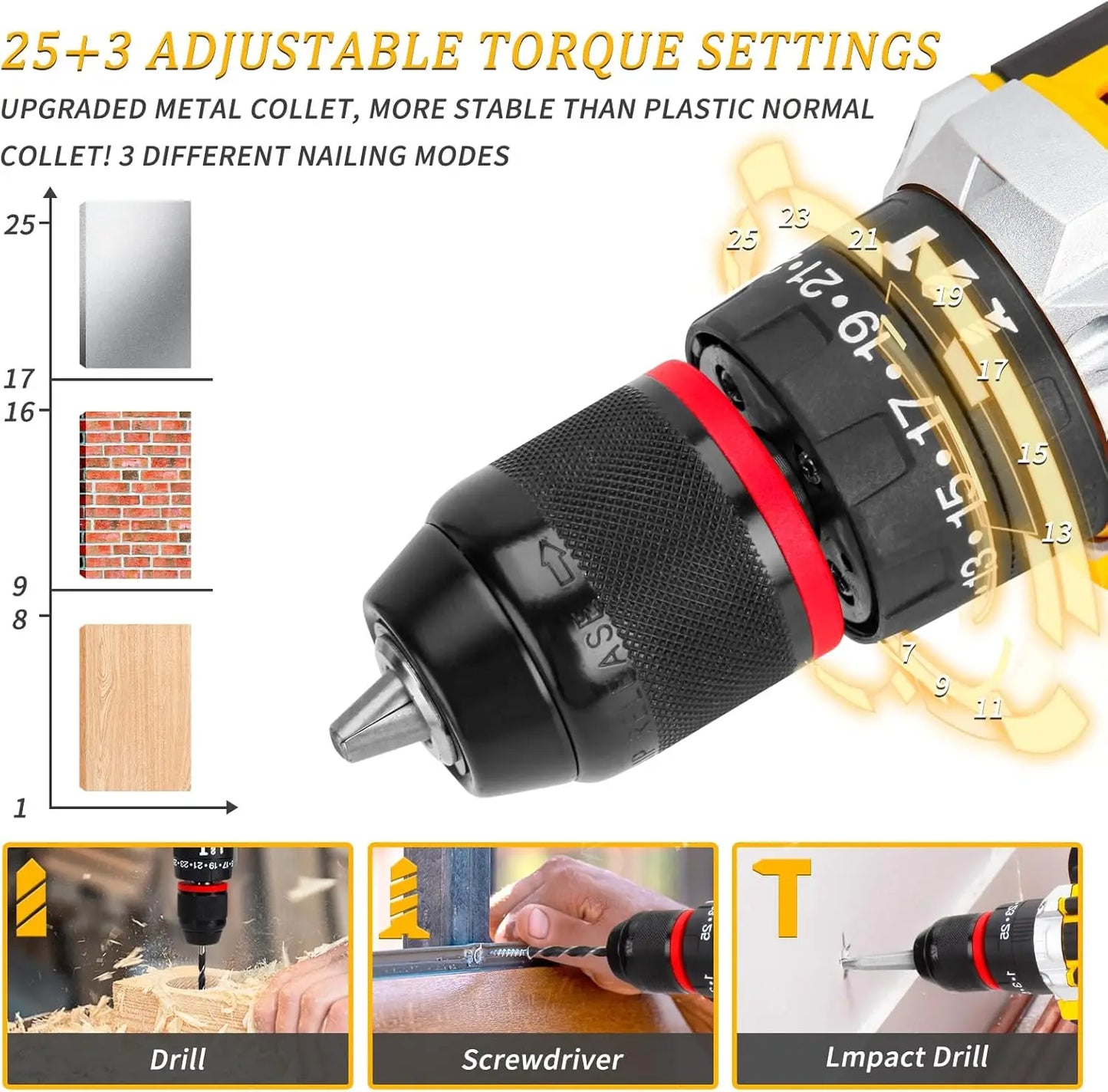 120 PCS 21V Cordless Drill Set with 3/8 Inch Keyless Chuck Metal and 25 Plus 3 Clutch with Impact