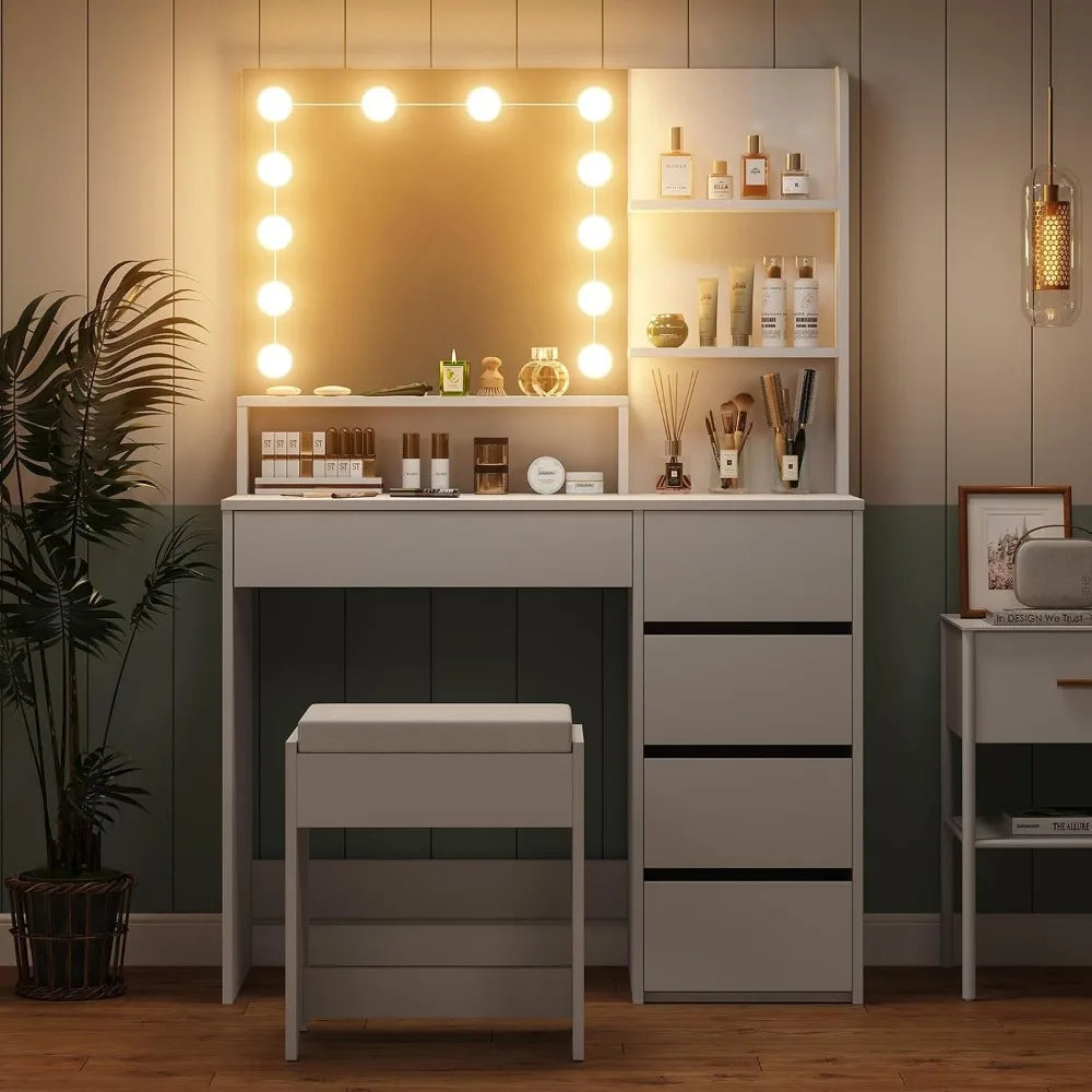 37 Inch White Vanity Desk with Lights and Adjustable Brightness Vanity Mirror Set with 5 Drawers for Bedroom