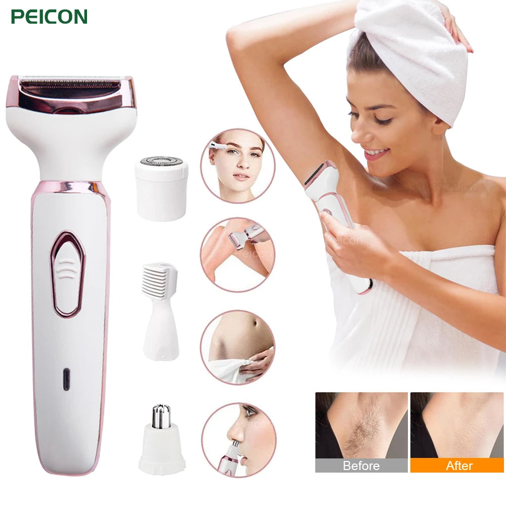Electric Razor for Women 4 in 1 Hair Trimmer Portable Painless Epilator for Face Armpit Leg and Bikini Body