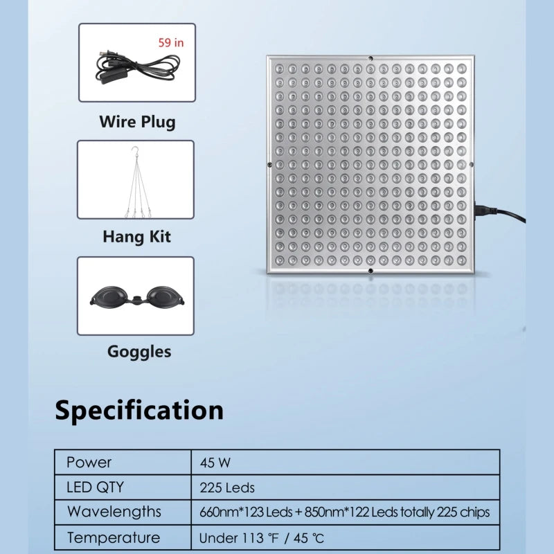 LED Red Light Therapy Panel Lamp for Facial Anti Aging Skin Care and Body Pain Relief with 225 LED Lights