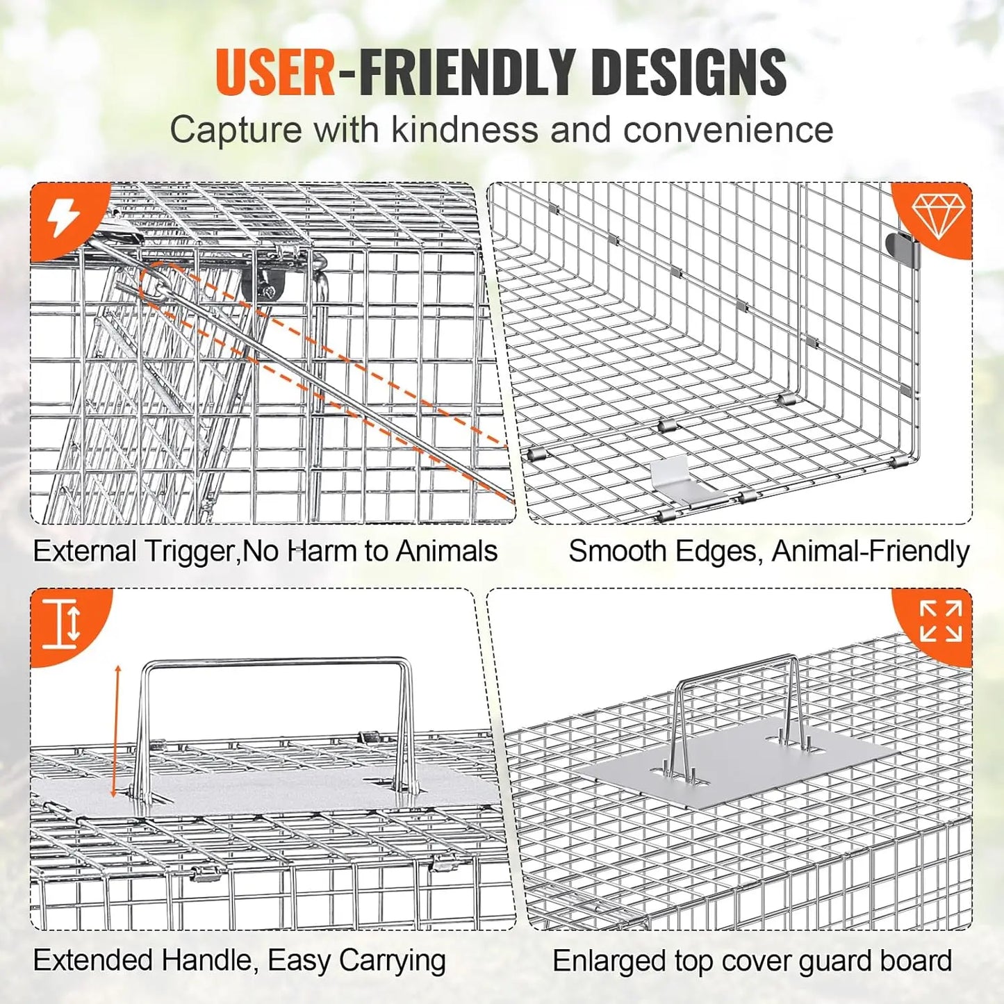 Live Animal Cage Trap 42 Inch x 16 Inch x 18 Inch Humane Cat Trap Galvanized Iron Folding Animal Trap Cage with Handle