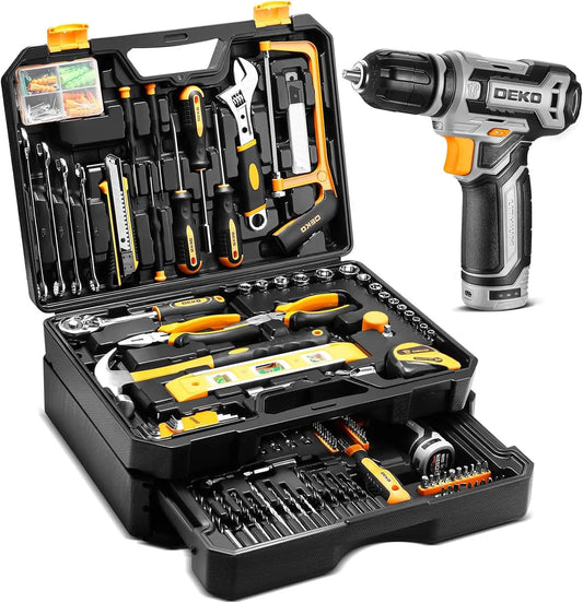 DEKO Home Mechanic Toolbox with 12V Power Cordless Drill Hand Repair Tools Sets Combo Kits Storage Organizer Drawer Case
