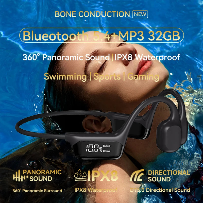 Bone Conduction Headphones Bluetooth 5.4 Wireless Earphones IPX8 Waterproof for Swimming Sports with 32G RAM Support MP3 Player