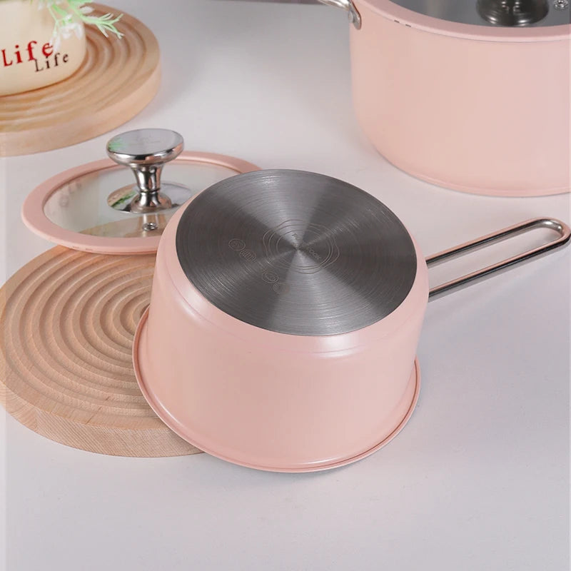 Stainless Steel 9pcs Pot Set, Including 1 Milk Pot, 2 Stockpots, 1 Non-Stick Pan, 4 LIDS And 1 Steamer Pink Shipping From USA