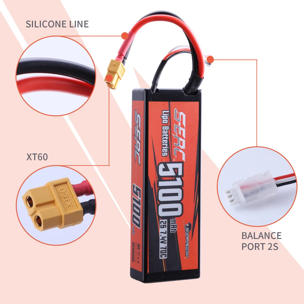 Sunpadow 2S 7.4V LiPo Battery 5100mAh 70C XT60 Deans
