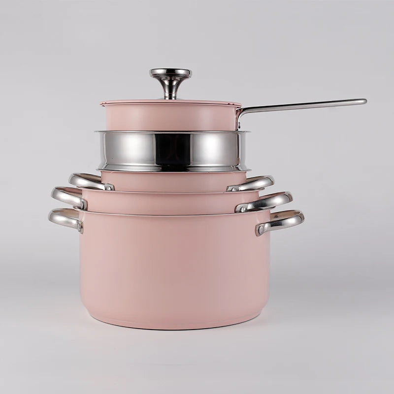 Stainless Steel 9pcs Pot Set, Including 1 Milk Pot, 2 Stockpots, 1 Non-Stick Pan, 4 LIDS And 1 Steamer Pink Shipping From USA