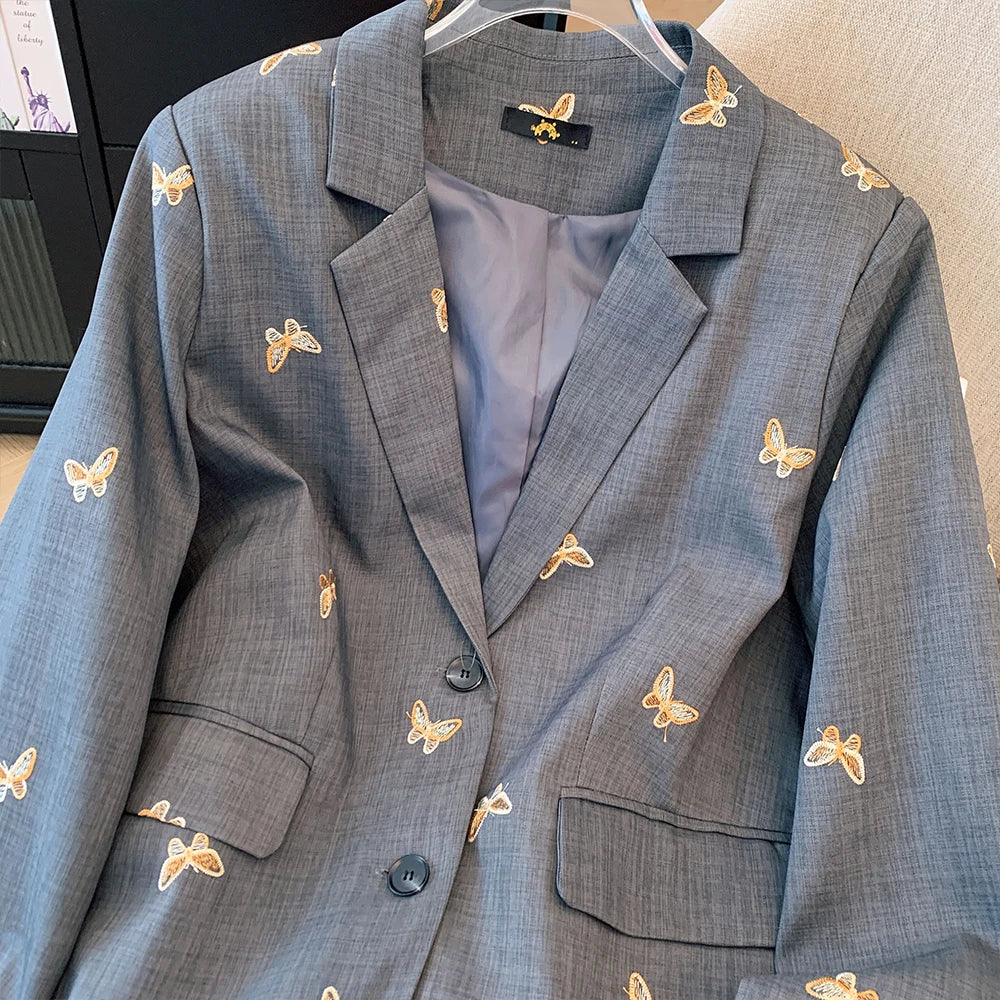 Plus Size Women's Fall Winter Casual Loose Comfort Coat Gray Butterfly Embroidered Button Pocket Long Sleeve Top Large