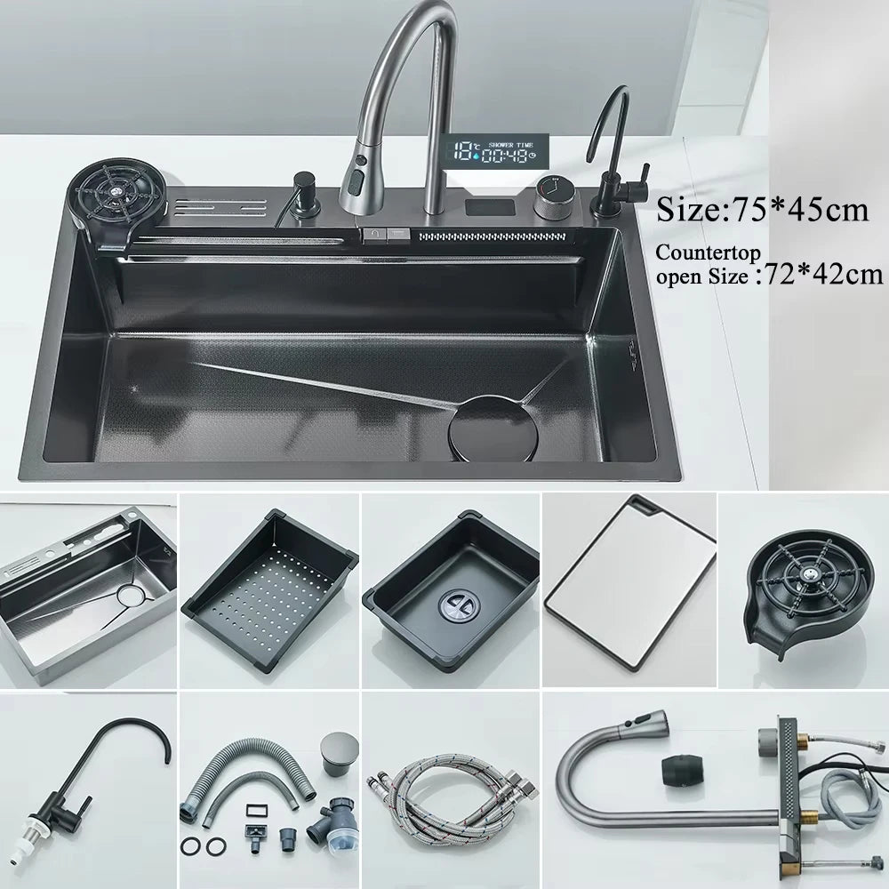 304 Stainless Steel Large Single Slot Waterfall Kitchen Sink with Integrated Digital Display Faucet Set and Soap Dispenser