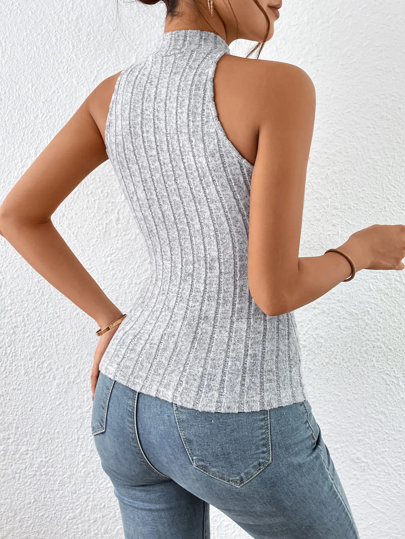 Women's Knitted Halter Top with Cross Straps and Cutout Detail