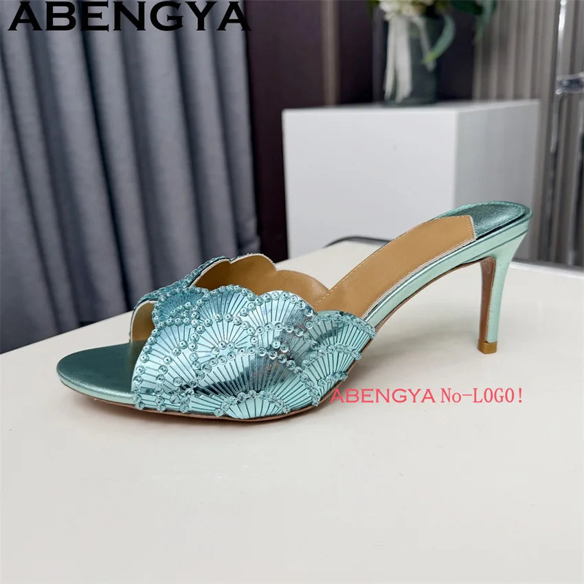 2026 Summer Trendy New Shiny Fish Mouth Toe Sexy Stiletto Sandals Woman Quality Sequined Thin High Heel Slippers for Women Shoes