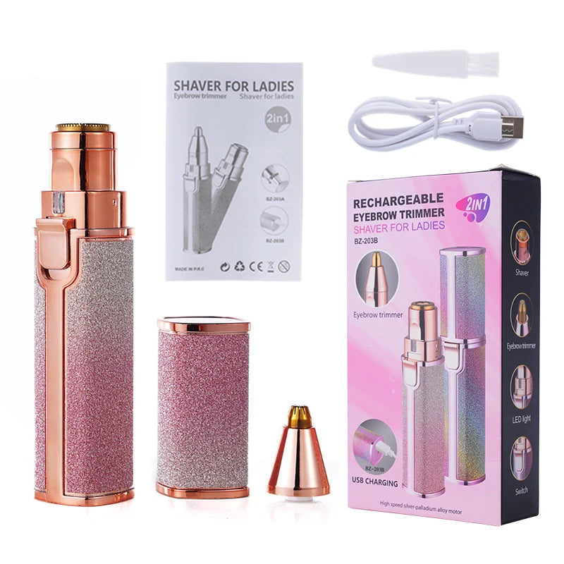 2 In 1 Rechargeable Epilator Electric Eyebrow Trimmer Female Body Facial Lipstick Shape Hair Removal Mini Painless Razor Shaver