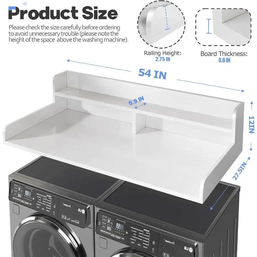 2Tier Washer and Dryer Countertop with 2.75 H Guard 54 W x 27.5 D Laundry Countertop Cover with NonSlip Pad Large Space Laundry