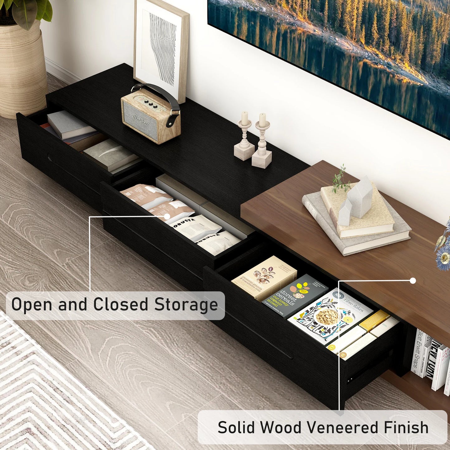 QiaoShiRen Extendable TV Stand Wood Media Console Drawers