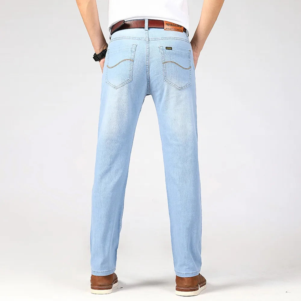 Wthinlee Spring Summer Business Jeans for Men Light Blue Casual Straight Stretch Fashion Classic Work Denim Trousers
