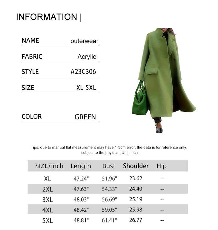 plus Size Double-Breasted Collar Coat Elegant Warm Solid Long-Sleeved Medium-Length Autumn Winter New Fashion for Women