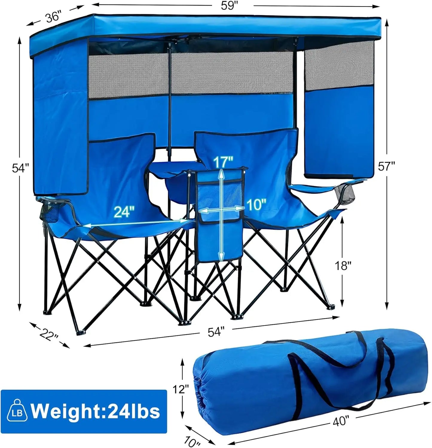 Double Beach Chair with Canopy Shade Heavy Duty Camping Chairs with Cup Holder Folding Loveseat for Outside Lawn