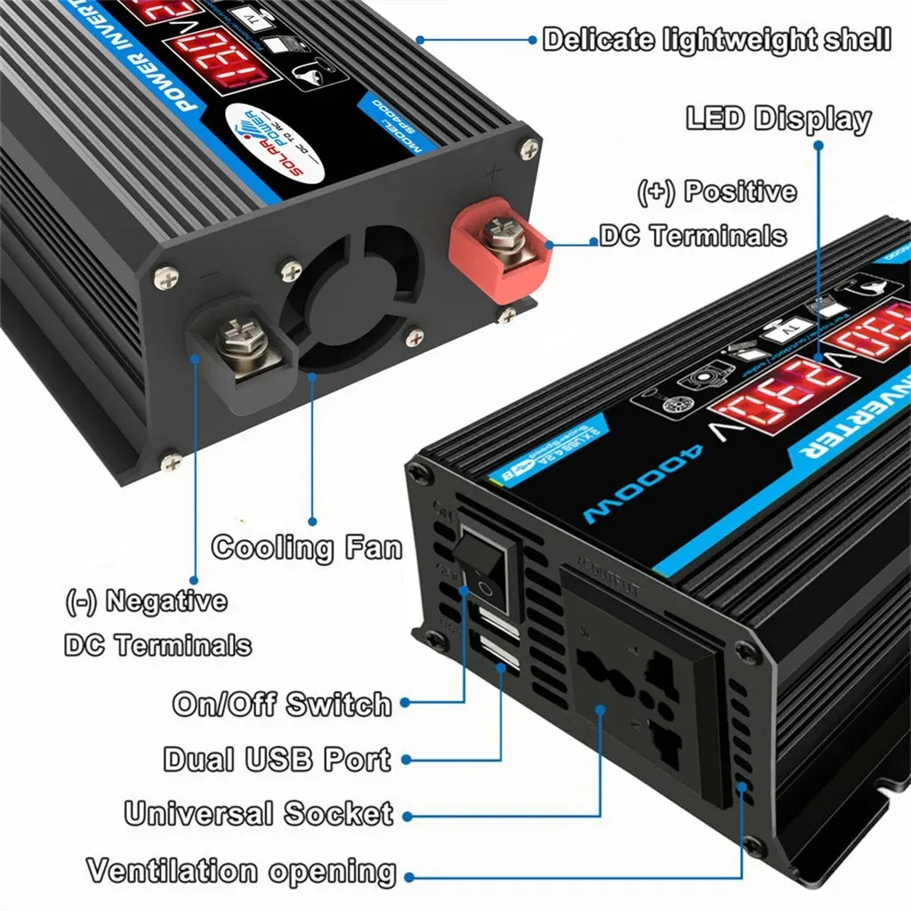 Car Power Inverter LED Display 4000W 12V to 220V 110V Converter Charger Adapter Multiple Protection Dual USB Voltage Transformer