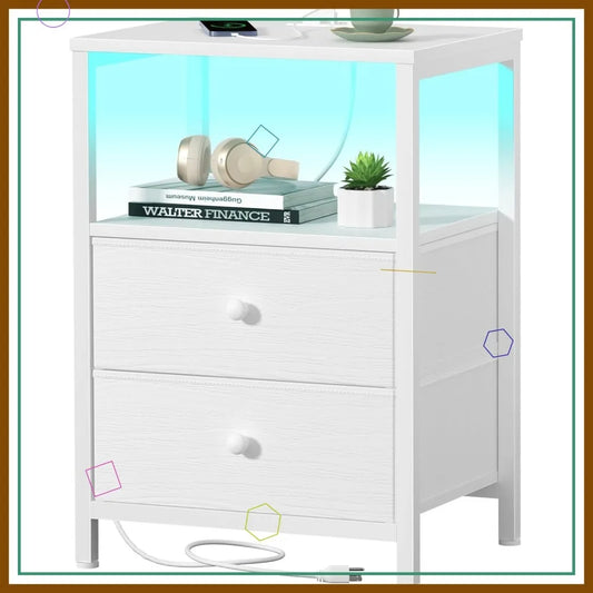 Modern White Nightstand with Charging Station, LED Light, USB Ports and Fabric Drawers for Bedroom
