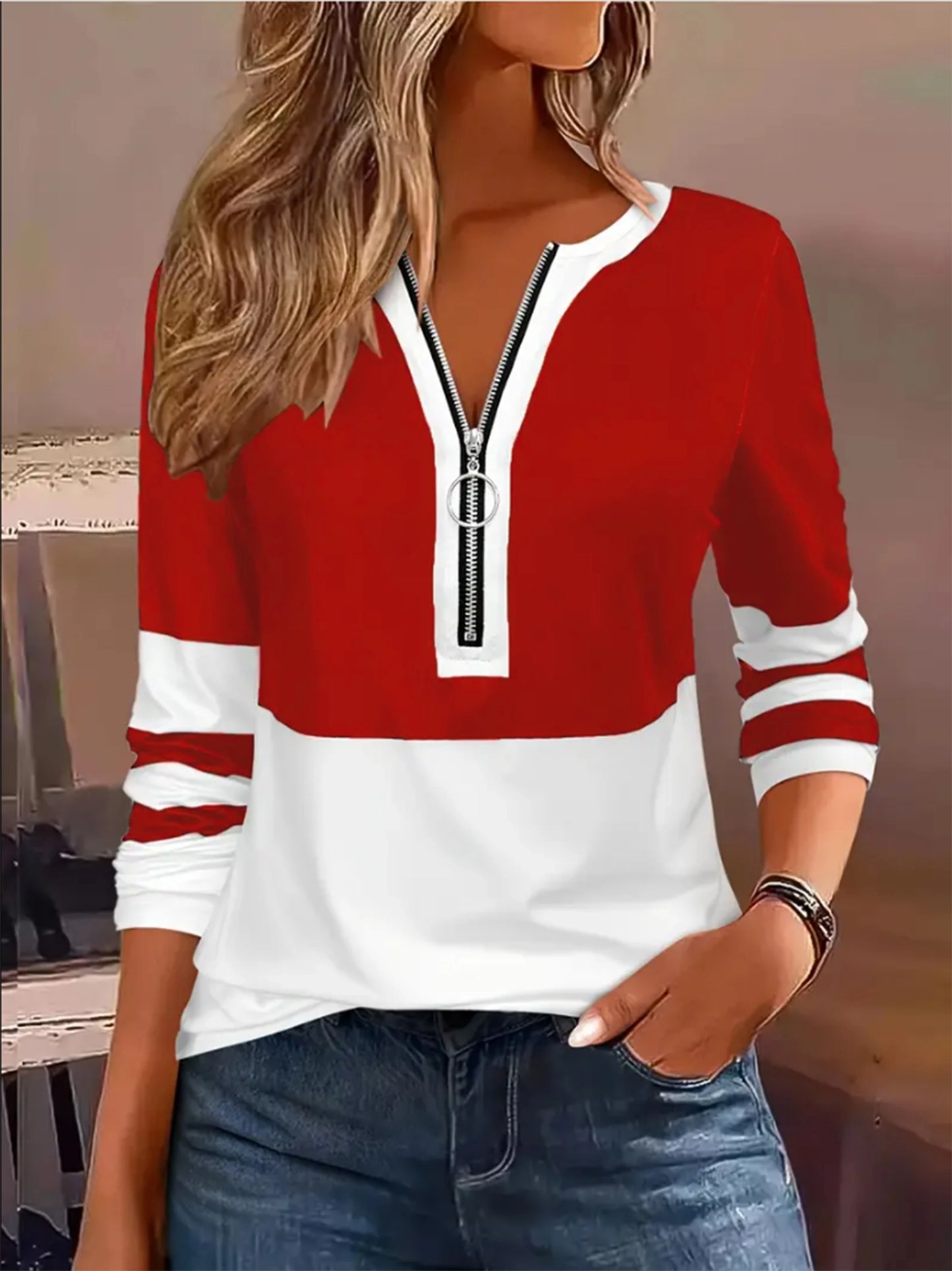 Plus Size Long Sleeve T-Shirt with Geometric Stripes & Color Block Ring Zipper Detail - Fall Fashion