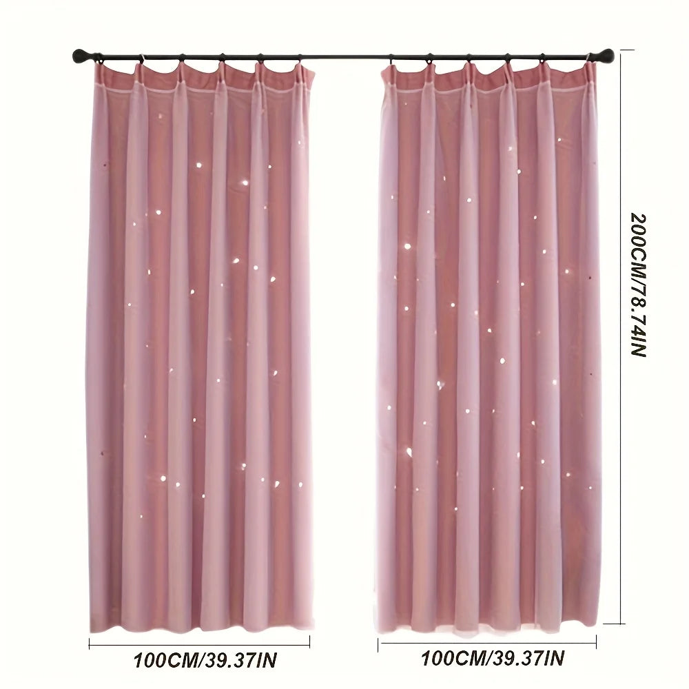 2 Panel Blue Romantic Sheer Girls Curtains Double-Layer Princess Curtains Hollow Stars Blackout Curtains Star Ins Gauze Curtains