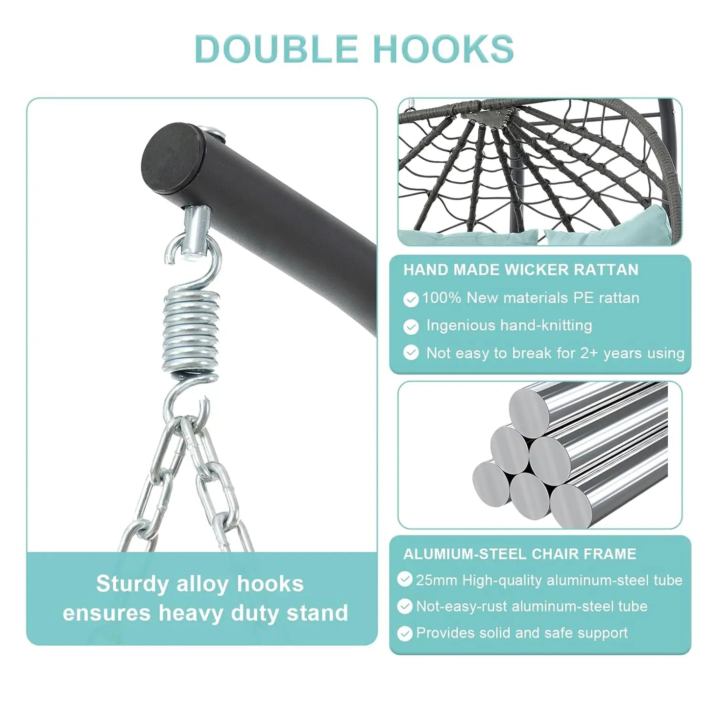 Double Egg Swing Chair with Stand, 2 Person Outdoor Indoor Hammock Hanging Chair with Cushion,Patio Wicker Hanging, Customized