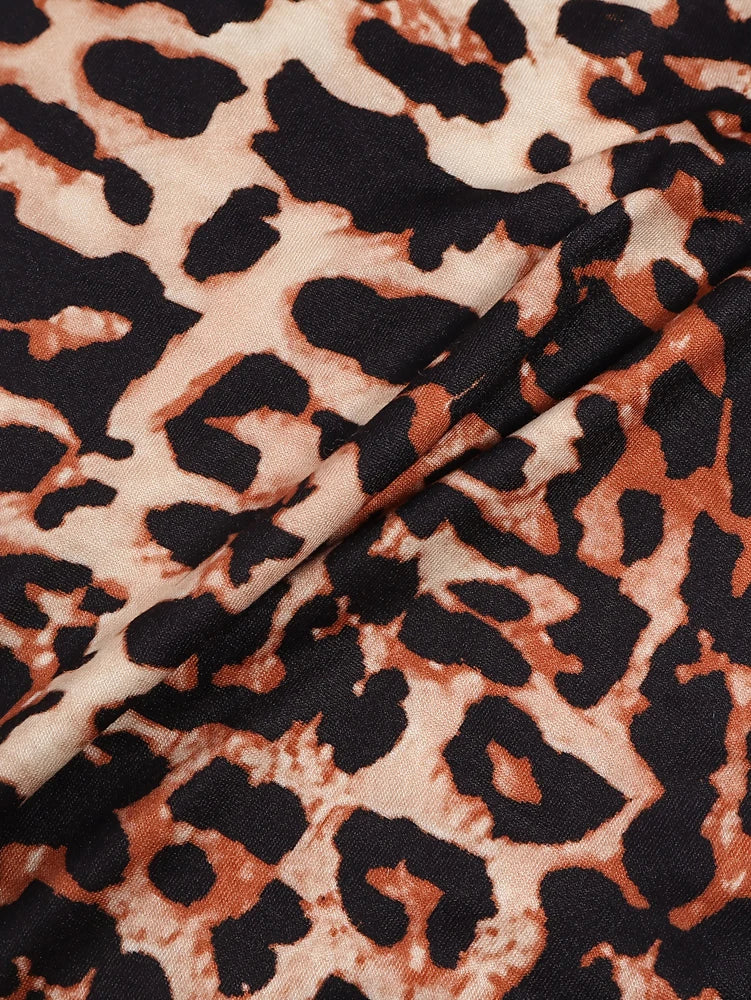 Plus Size Womens Elegant Leopard Print Long Sleeve Top with Lace Trim and Deep V Neck