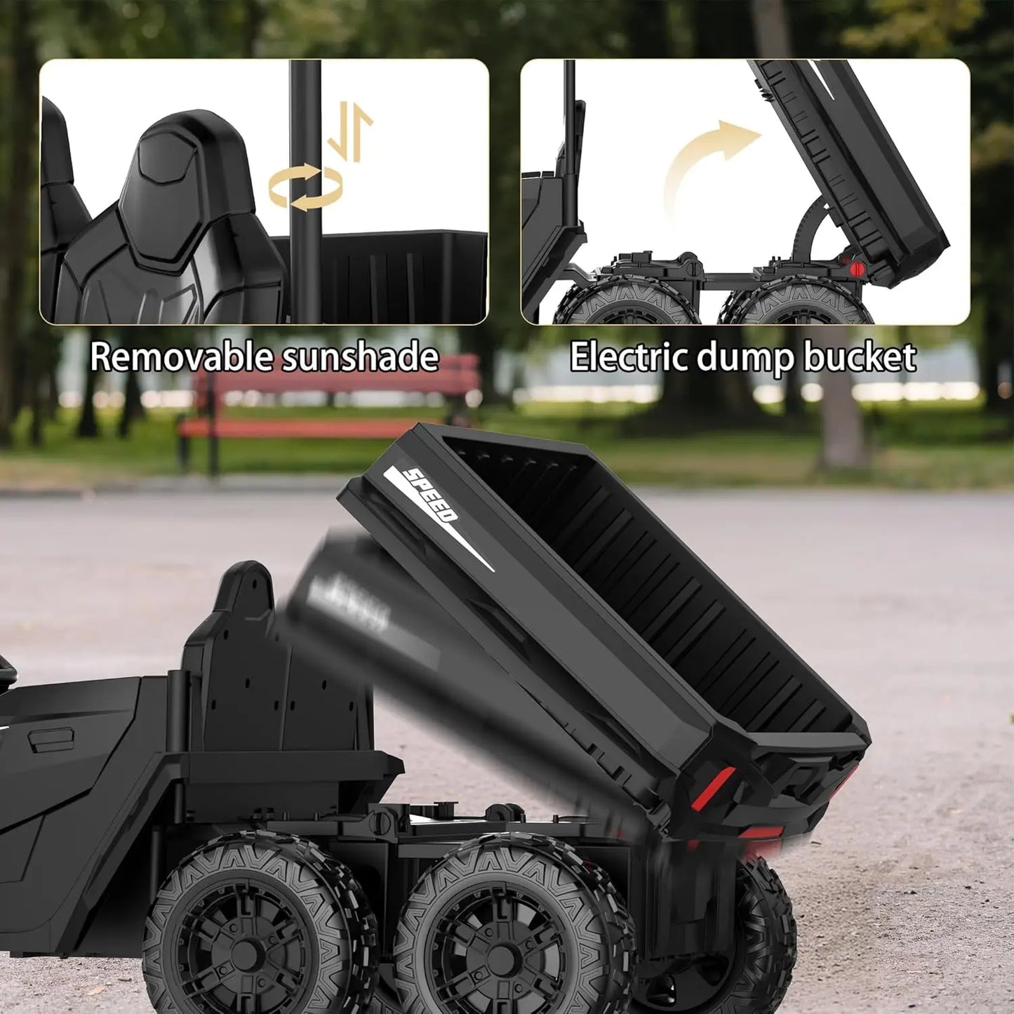 24V Kids Ride On Car Truck 2 Seater Electric Vehicle with Sun Shade Dump Bed and Shovel 4WD for Ages 3 to 12