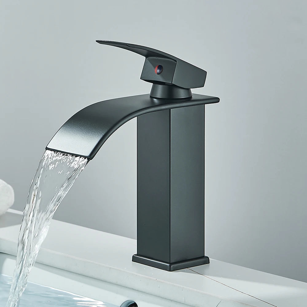 Quyanre Matte Black Waterfall Basin Faucet Single Handle Mixer Hot Cold Water Basin Crane Tap For Bathroom Wash Basin Mixer Tap