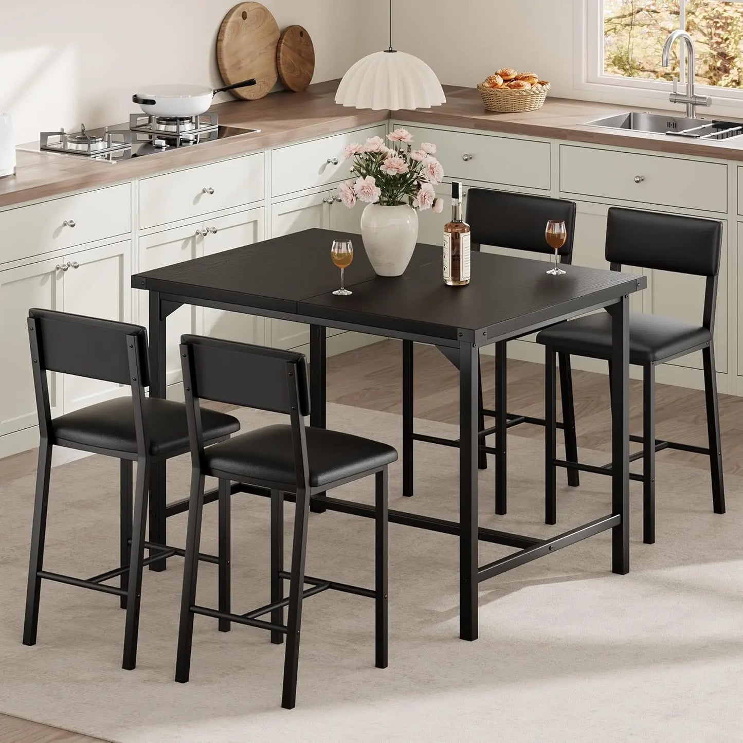 5-Piece Dining Table Set , Bar Table Set with 4 Upholstered Chairs for Pub, Dining Room, Kitchen