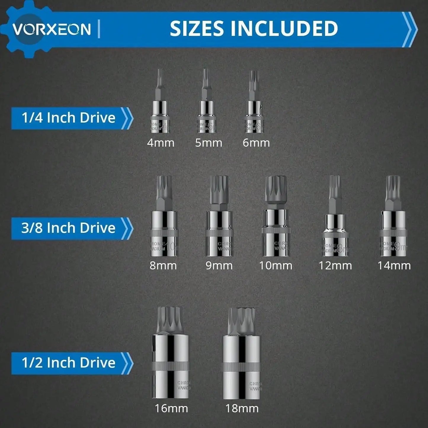 10 Piece XZN Triple Square Spline Bit Socket Set 4mm to 18mm S2 Alloy Steel Tool with Enhanced Storage Case