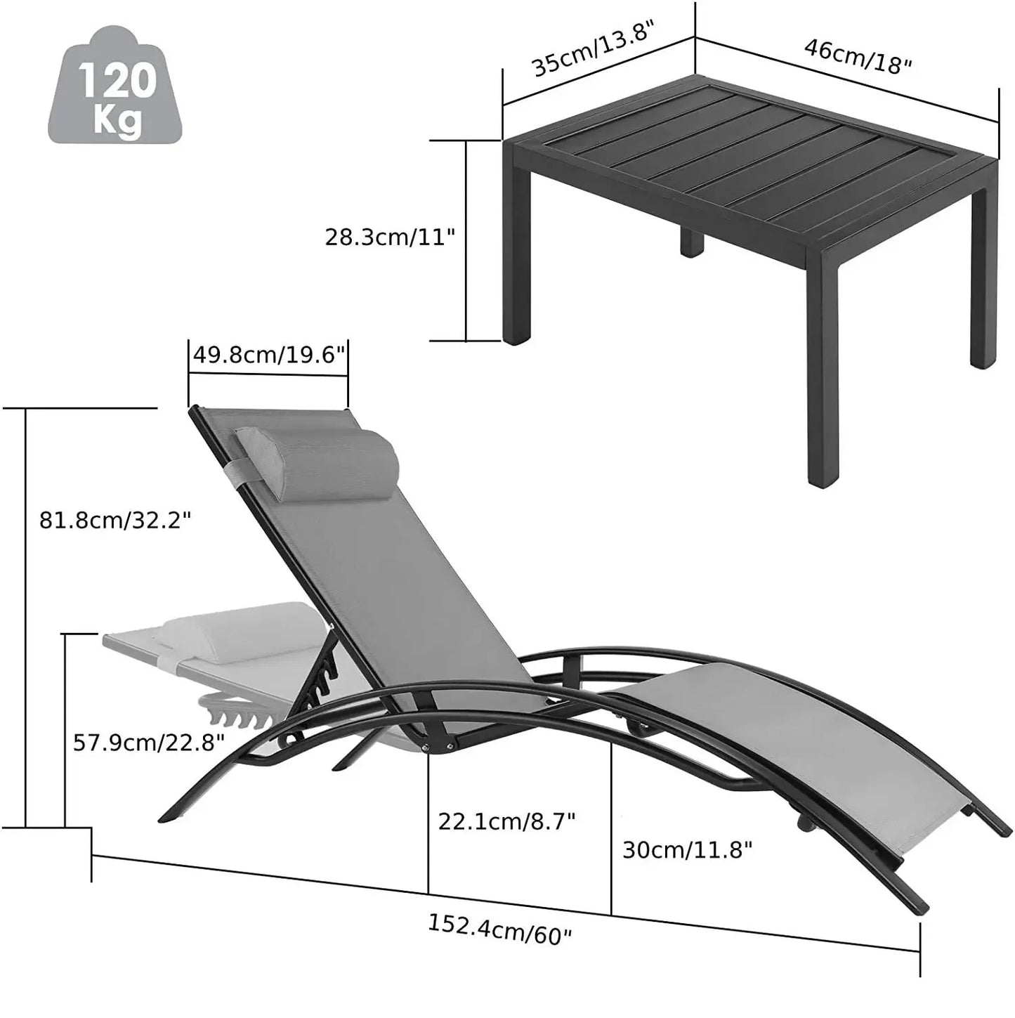 Aluminum Lounge Chair for Outside with 5 Adjustable Positions+Table 3Pcs Chaise Outdoor for Pool, Garden,Beach,Camping,Backyard