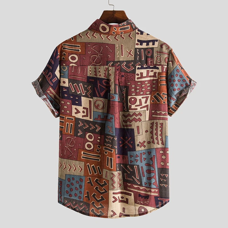 Men's Cotton Polyester Summer Short Sleeve Shirt Boho Geometric Pattern Hawaiian Beach Male Shirts Casual Blouse For Men
