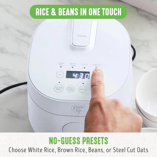 4-Cup Rice Beans Oats and Grains Cooker, Healthy Ceramic Nonstick, Easy to Use Automatic Presets, White