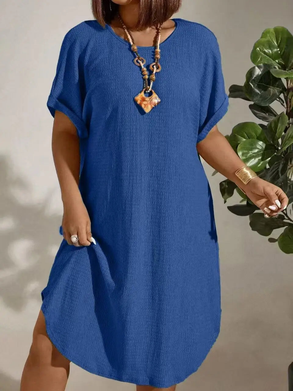 Casual Short Sleeve Round Neck Pure Color Dress for Women Spring Summer Knee Length Fashion