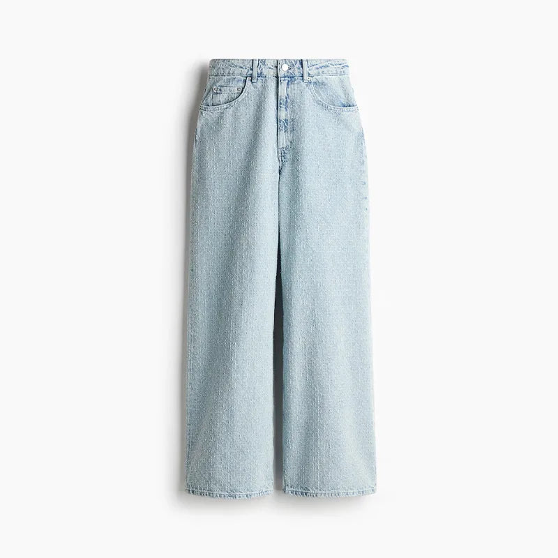 Vintage Women's Distressed Denim Suit Set Light Washed Blue Waist Tighing Jacket High Waist Wide Leg Jeans