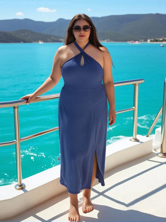 Elegant Plus Size Halter Dress Sleeveless A-Line Cut for Daily Wear Parties Clubs Travel
