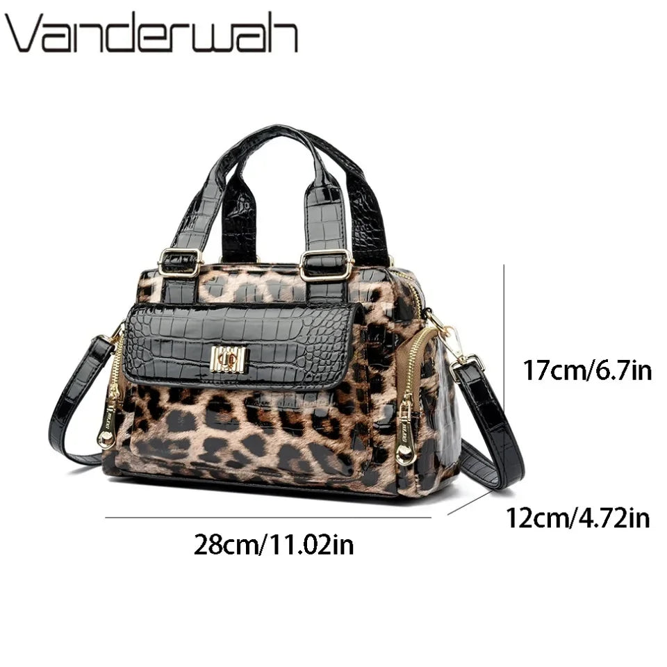 VANDERWAH Fashion Leopard Print Women's Boston Bag Luxury Designer Handbag High Quality PU Leather Lady Shoulder Crossbody Bag
