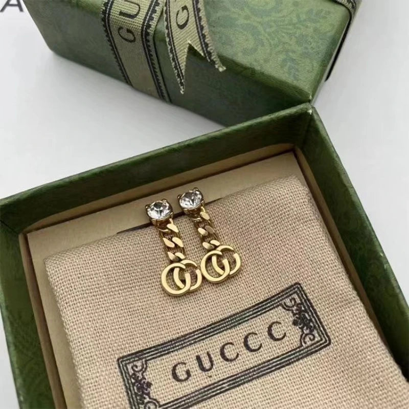 New Retro Double G Letter Chain Rhinestone Tassel Earrings Light Luxury Temperament